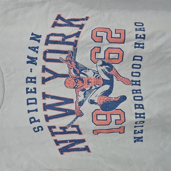 💟 NWOT Marvel Light Blue Cropped Spiderman Short Sleeve Shirt Top XL - Picture 2 of 5